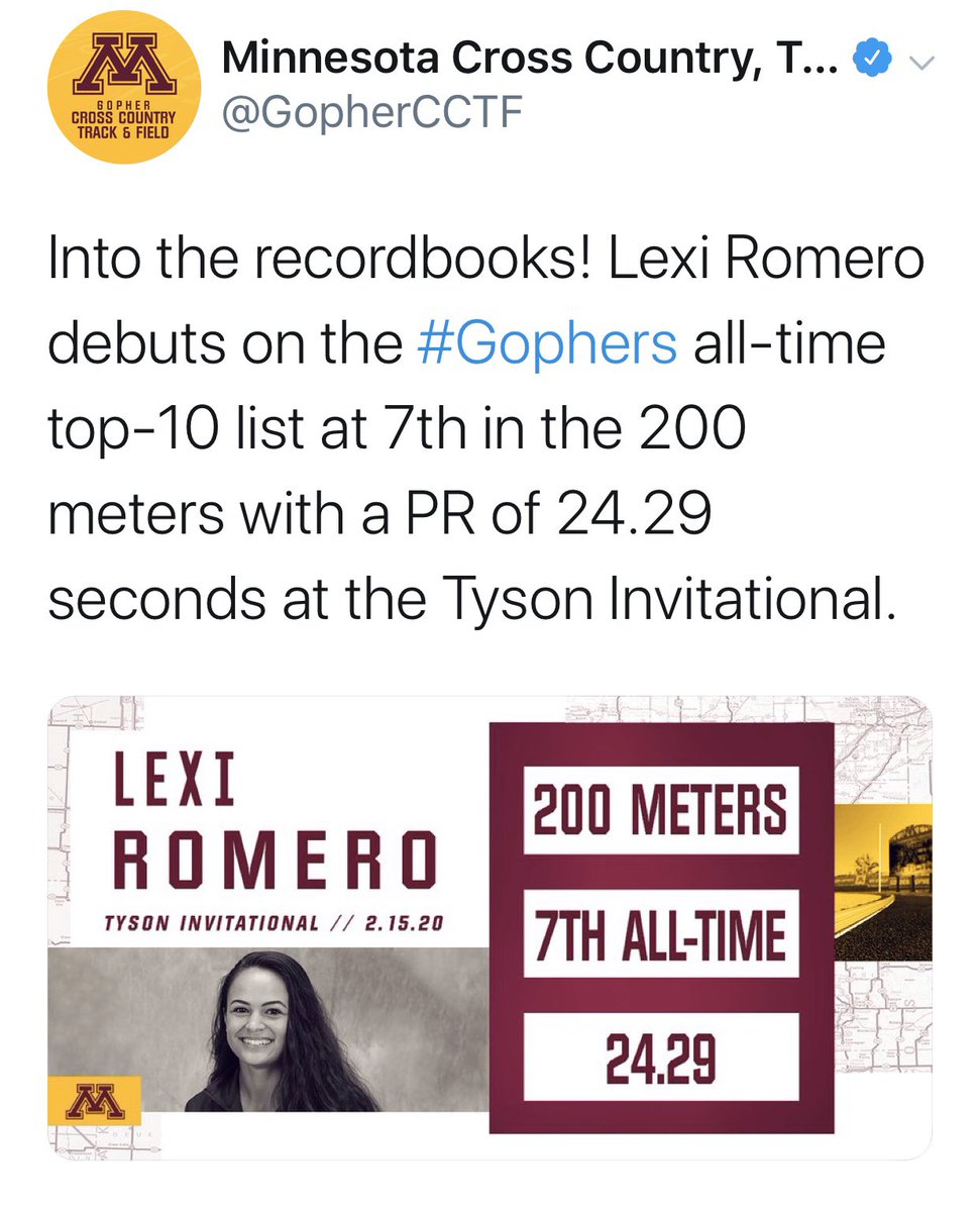 brian_calhoun2's tweet photo. Good luck to one of my former sprinters @Lexiromero0626 at Big Tens this weekend! I’m looking forward to watching you compete! Lexi currently ranks #7AT in @GopherCCTF indoor school history in the 200! https://t.co/dB7HxzQ5Jp