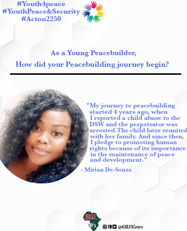 Meet Mirian @miriedesouza, a rotaractor doing awesome human rights advocacy and Peacebuilding work in Ghana. 
Your peace journey can inspire others.
#youthforpeace
#YouthPeaceandSecurity
#ThursdayMotivation