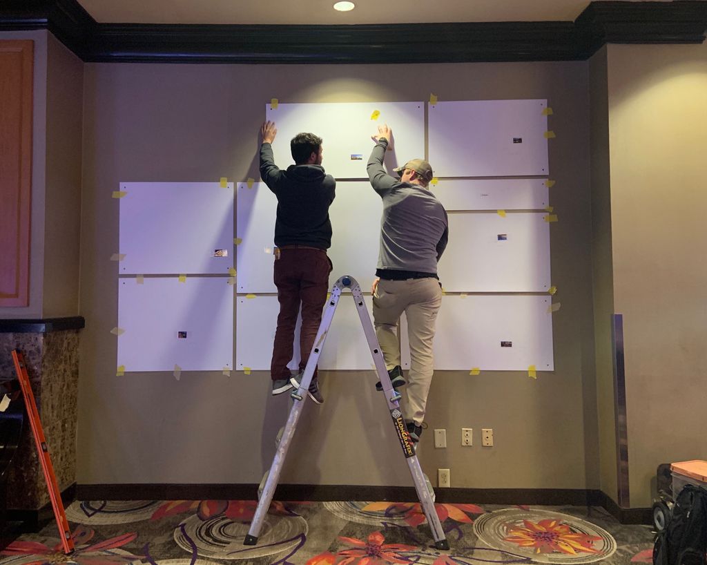 Novachrome's tweet photo. Another install in progress, again in Mississippi. Thankful our clients trust us with making their displays happen! Templates are going up before the acrylics. #novachrome #wbe #casino #casinographics #largeformat #print #graphicinstall #wallgraphics #acrylicgraphics https://t.co/KOJD8vzFLJ