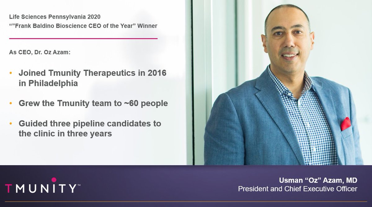 Tmunity Therapeutics (@tmunitytx) on Twitter photo We’re honored to announce Tmunity President and CEO Dr. Oz Azam has been awarded <a href="/LifeSciencesPA/">Life Sciences PA</a>’s Frank Baldino Bioscience CEO of the Year Award. His leadership at Tmunity and collaborations with <a href="/PennMedicine/">Penn Medicine</a> have been central to our success. #tmunitytx We’re honored to announce Tmunity President and CEO Dr. Oz Azam has been awarded <a href="/LifeSciencesPA/">Life Sciences PA</a>’s Frank Baldino Bioscience CEO of the Year Award. His leadership at Tmunity and collaborations with <a href="/PennMedicine/">Penn Medicine</a> have been central to our success. #tmunitytx