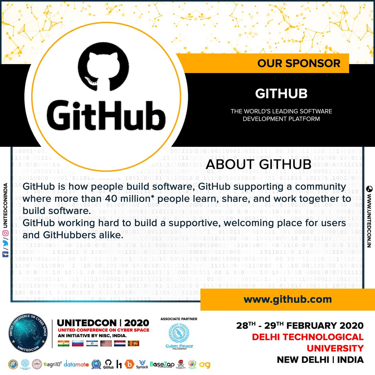 Thank You! GitHub
16 Hours to Go ...!!!
United Conference on Cyber Space (UNITED CON) on February 28 &amp; 29, 2020 at Delhi Technological University (DTU), Rohini, New Delhi, India 🇮🇳
REGISTRATIONS AVAILABLE ON SPOT.
🇮🇳 🇷🇺 🇮🇱 🇺🇸 🇳🇱 🇱🇰
#UNITEDCON2020