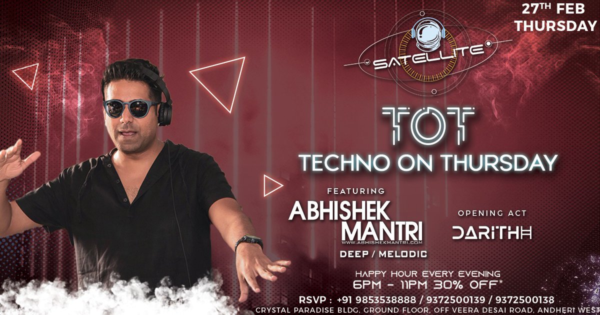 TOT! Techno on a Thursday.
Doing TOT sessions tonight with @dj_abhishekm 
Deep / Melodic 9pm+
.
.
#Mumbai #Satellitetheclub #thursdayvibes #techno #deepmelodic #mumbainightlife