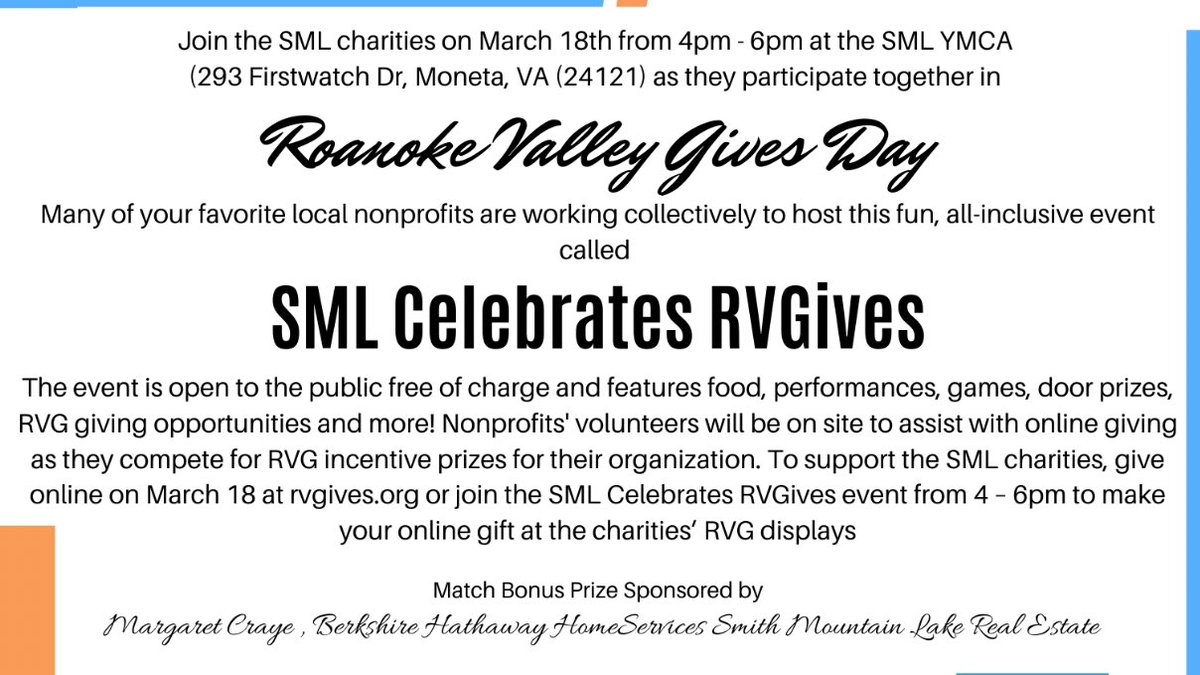 SMLGoodN's tweet photo. #SmithMountainLake celebrates #RVGIVES! 8 local nonprofits gather to say thanks, fundraise &amp; have fun! 
YOU ARE INVITED 🧡💙 @cfwesternva @SmithMtEagle @newsadvance @WFXRnews @FCPSVA @bcpsoperations @WDBJ7 #SMLGN #RVGIVES2020 https://t.co/6C7y4A6rPs