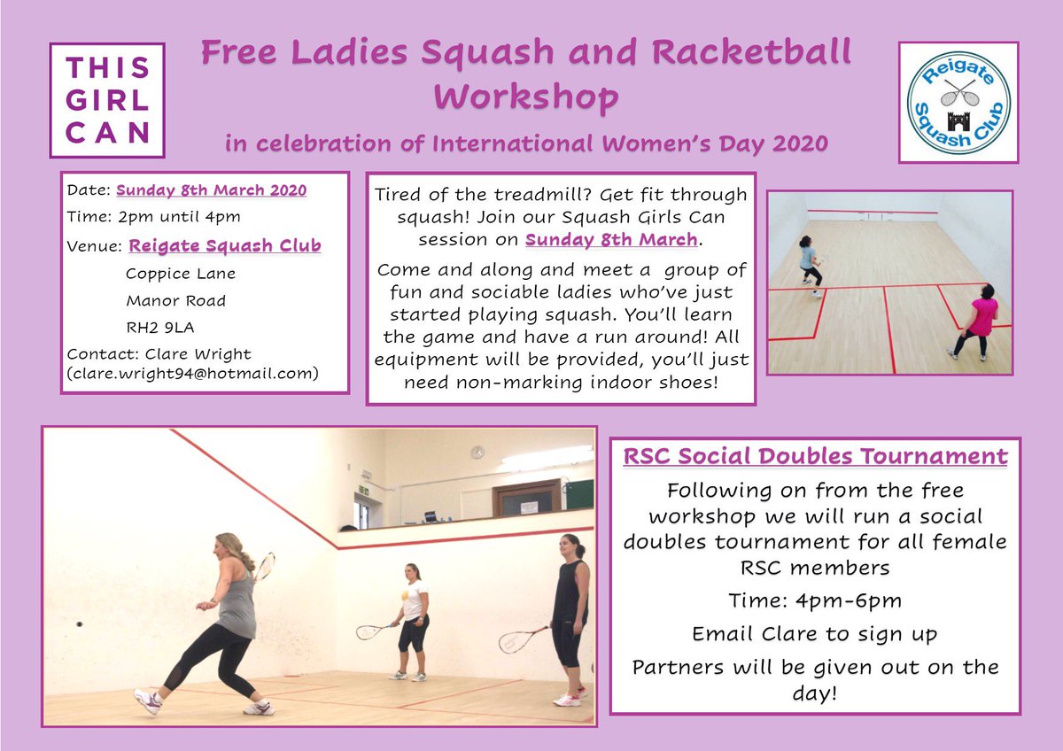 Come and join us for #InternationalWomensDay on the 8th March! <a href="/englandsr/">England Squash</a> @ActiveSurrey <a href="/surreymirror/">Surrey Mirror</a> @SurreySquash <a href="/ThisGirlCanUK/">This Girl Can</a> <a href="/cwsquashcoach/">Clare Wright</a> @LadiesSquash <a href="/BBCSport/">BBC Sport</a>