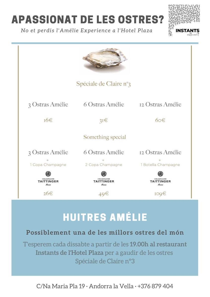 Cada dissabte a l'Instants Restaurant gaudeix de l'Amélie Experience, una oportunitat per a degustar una de les millors ostres del món!

instants.restaurant

#instants #restaurant #instaretsaurant #andorra <a href="/HuitresAmelie/">Huitres Amélie</a>