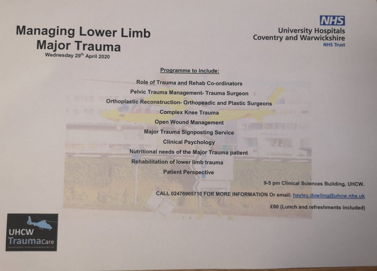 EBrangwin's tweet photo. Exciting training opportunity @nhsuhcw open to all. Join us in April to learn about specialist MDT management of lower limb trauma. Final programme to follow. @clare_pheasant @UHCW_Therapy @AHPS_UHCW @NicolaDixon69 @Joycie8891 @ATOCP_WestMids @SiddonsTracy @OChillcott https://t.co/bXHO50JBhk