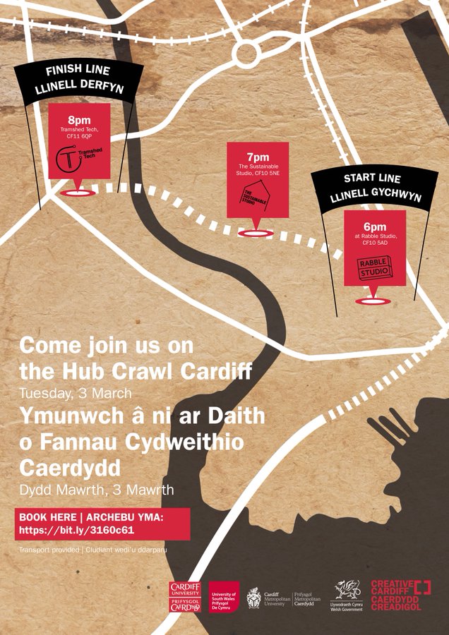 Come with us on a trip around Cardiff's creative co-working spaces &amp; see where your freelancing and self employment could take you! Cardiff Hub Crawl, March 3rd, Transport and Food provided! 
We'll be stopping at @rabblestudio <a href="/TSSWales/">TheSustainableStudio</a> &amp; <a href="/TramshedTech/">Tramshed Tech</a> 
🎟 eventbrite.co.uk/e/hub-crawl-ca…