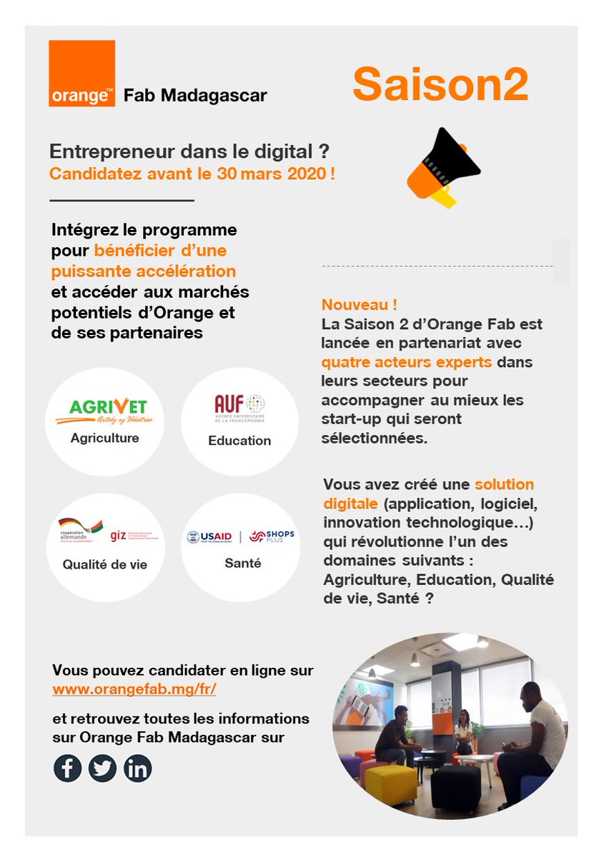 orangefab_mg's tweet photo. 📢Entrepreneur dans le digital ?
🚀Rejoins Orange Fab, le 1er accélérateur de start-up tech!

NOUVEAU :💼 4 partenaires experts sectoriels accompagneront les start-up la Saison 2 =>
@AUF_Oceanindien, @ShopsPlus, #Agrivet, #GIZ 

⏳+ d'info sur sur :
https://t.co/uQ4DNWnD1s https://t.co/HYIsfhO90S