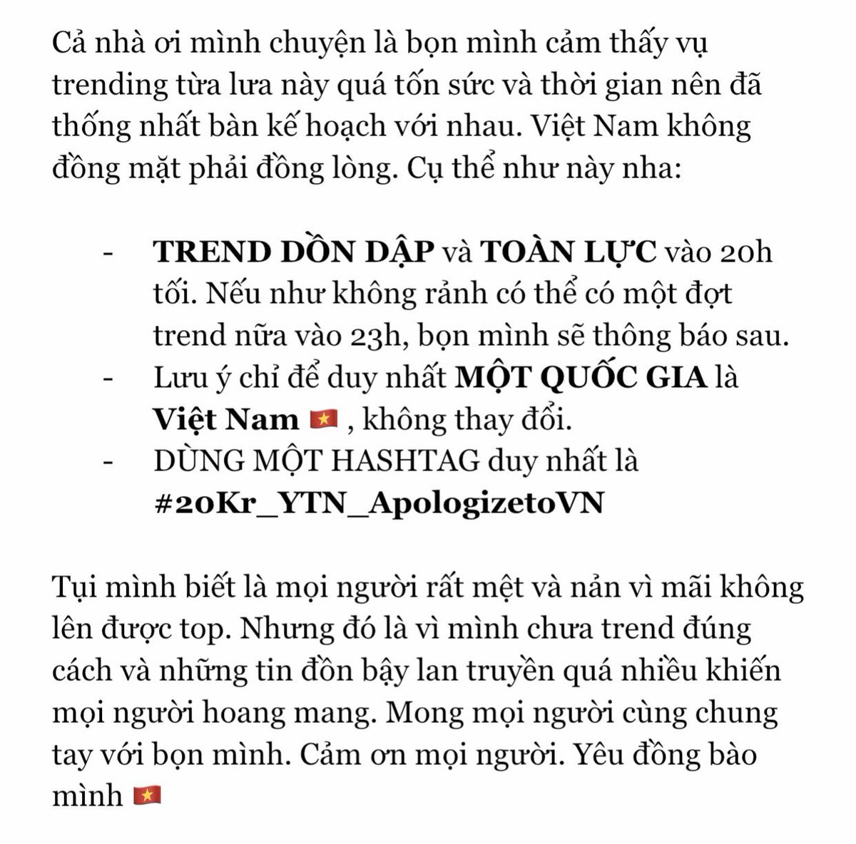 tuyetnhi019's tweet photo. @am_trum Mọi người ơi giúp mình chia sẻ rộng ra ạ.
#20Kr_YTN_ApologizetoVN https://t.co/qOP1ZQzxSp
