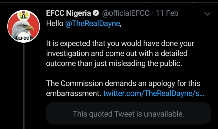 Dikeocha Chukwuebuka ( @TheRealDayne) deleted the said post and issued a public apology but EFCC vowed to arrest him!At some point, Dike willfully submitted himself to the EFCC in PH, but the news making the rounds now suggest that he's been arrested by the EFCC!