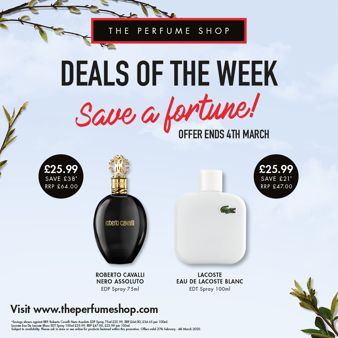 Fort_Shopping's tweet photo. Deals of the week at @theperfumeshop!

Huge savings on Roberto Cavalli Nero Assoluto and Lacoste Eau De Lacoste Blanc.

#tpssc https://t.co/8RKDdNs2DM