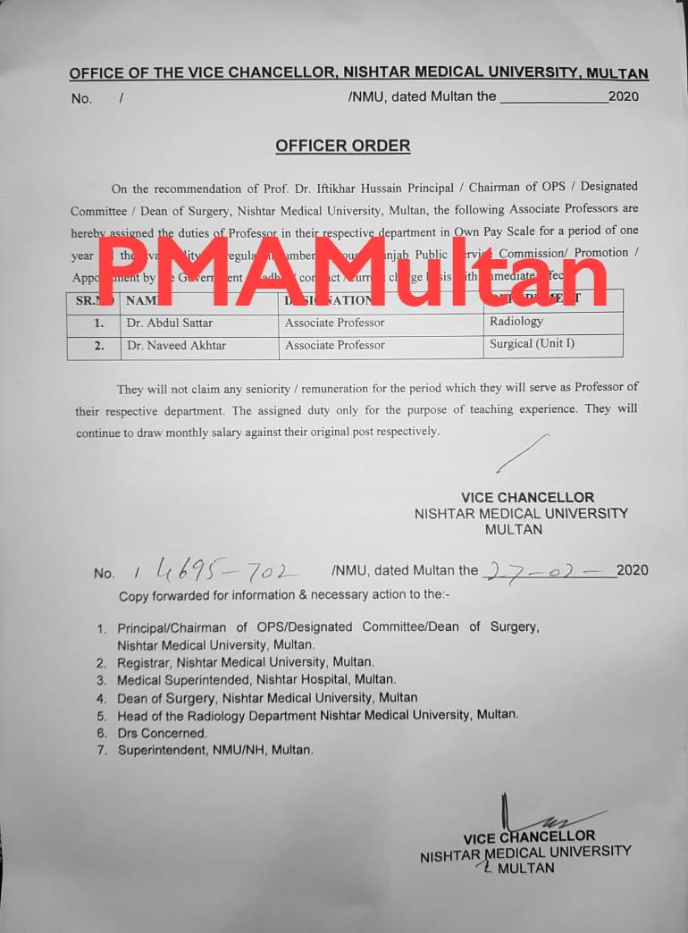 Nishtarians1's tweet photo. Congratulations
#Milestone_Acievement_PMAMultan
Due to continuous efforts of PMA Multan under leadership of Prof Dr Masoodurrauf Khan Hiraj
#2Steps Promotion Orders on Designated/OPS basis as per PMDC Criteria of #2Professors , #13AssociateProf , #6AP and #3SRs done 1st time https://t.co/p4A0Fwm0Jz