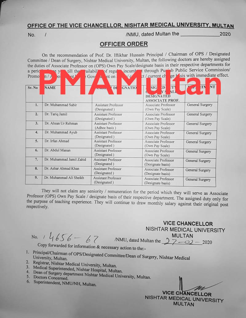 Nishtarians1's tweet photo. Congratulations
#Milestone_Acievement_PMAMultan
Due to continuous efforts of PMA Multan under leadership of Prof Dr Masoodurrauf Khan Hiraj
#2Steps Promotion Orders on Designated/OPS basis as per PMDC Criteria of #2Professors , #13AssociateProf , #6AP and #3SRs done 1st time https://t.co/p4A0Fwm0Jz