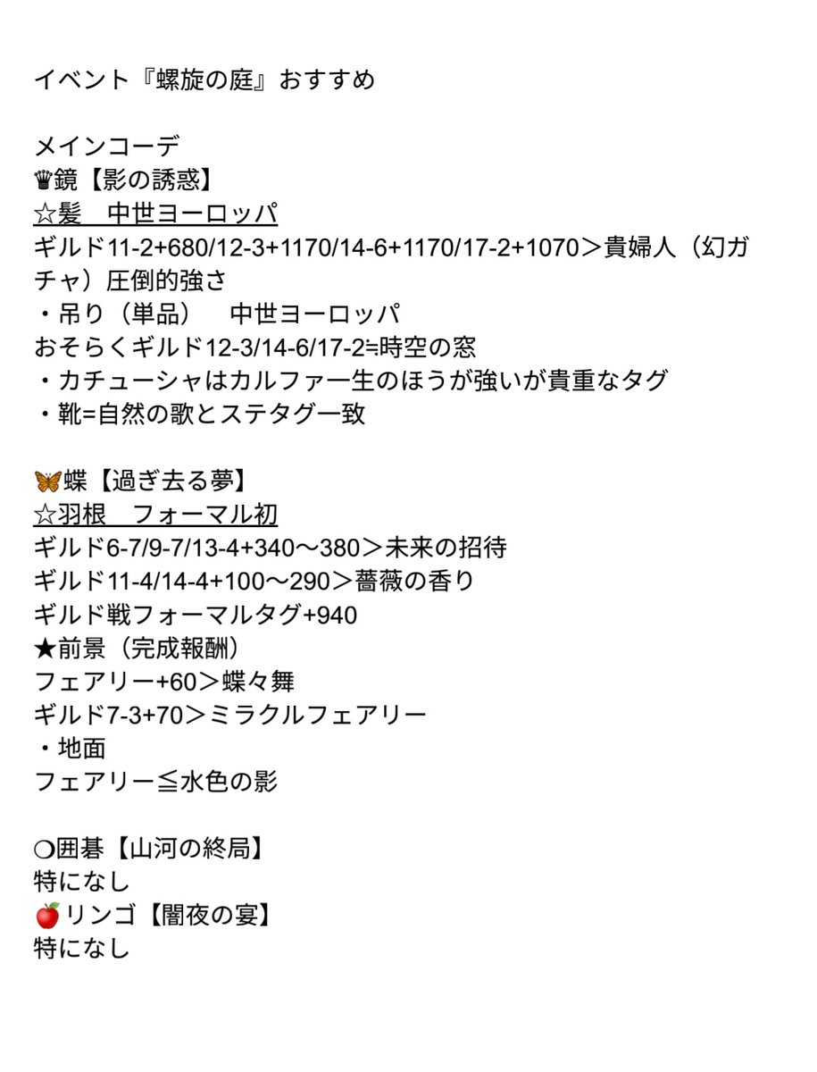 Uzivatel Gohalyミラニキ15日まで復刻 ガチャ 復刻チャージ Na Twitteru イベント 螺旋の庭 ステおすすめ メイン 影の誘惑 髪 中世ヨーロッパ 過ぎ去る夢 羽根 初フォーマル サブ パテールコーデ Pop フェイス染 雲上コーデ モダチャ 靴下染 ヘッドアクセ染