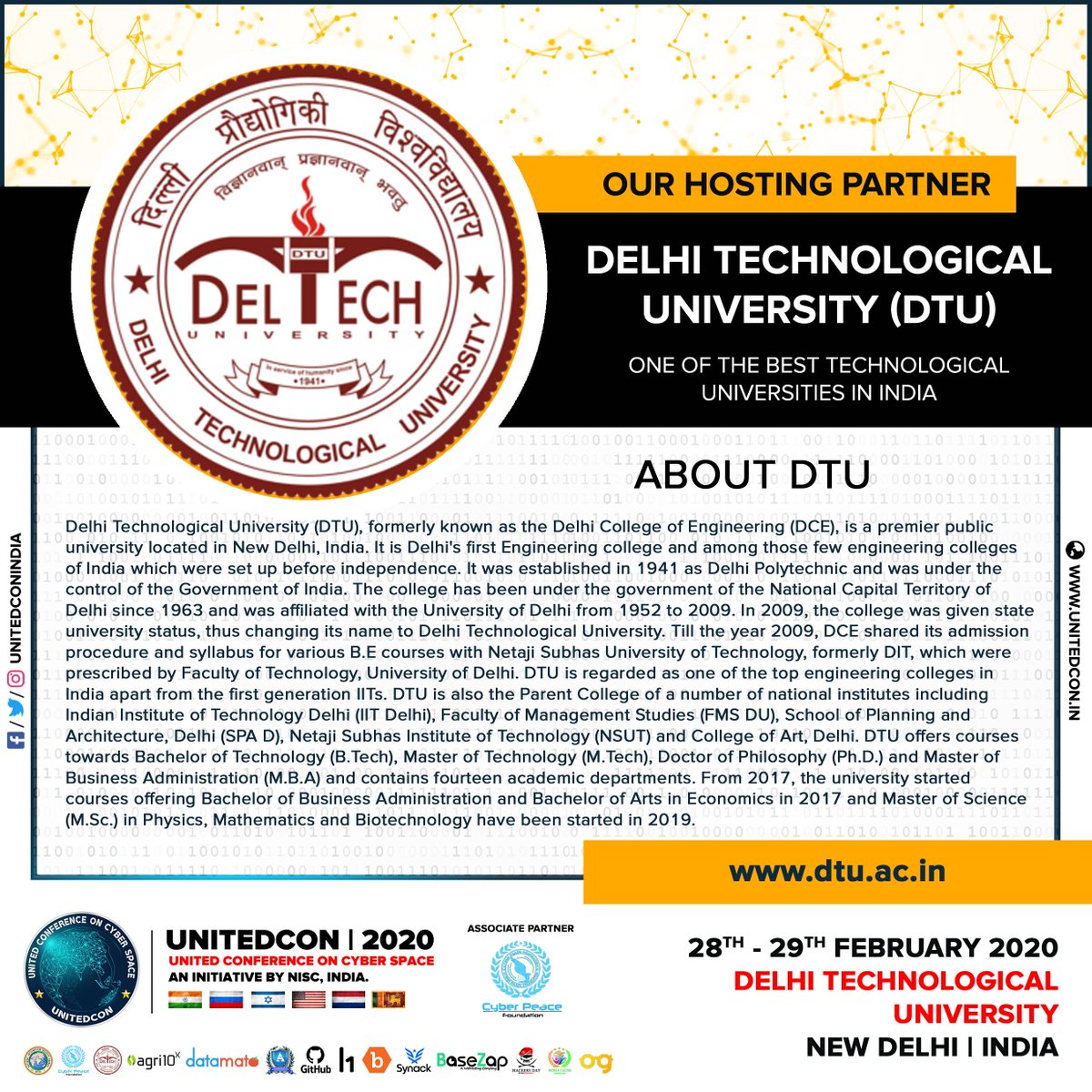 Thank You! DTU
15 Hours to Go
United Conference on Cyber Space (UNITED CON) on February 28 &amp; 29, 2020 at Delhi Technological University (DTU), Rohini, New Delhi, India 🇮🇳
Registration link: townscript.com/v1/e/united-co…
🇮🇳 🇷🇺 🇮🇱 🇺🇸 🇳🇱 🇱🇰
#UNITEDCON2020