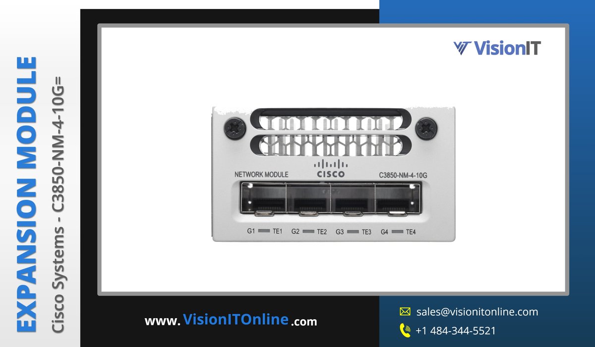 Visionitonline's tweet image. Upgrade your network #switch by installing Cisco C3850-NM-4-10G= #expansionmodules that help you to expand connectivity options within your organization. Buy Cisco C3850-NM-4-10G= #ExpansionModule online at an affordable price only at VisionIT.
👉Buy Now: visionitonline.com/c3850-nm-4-10g…