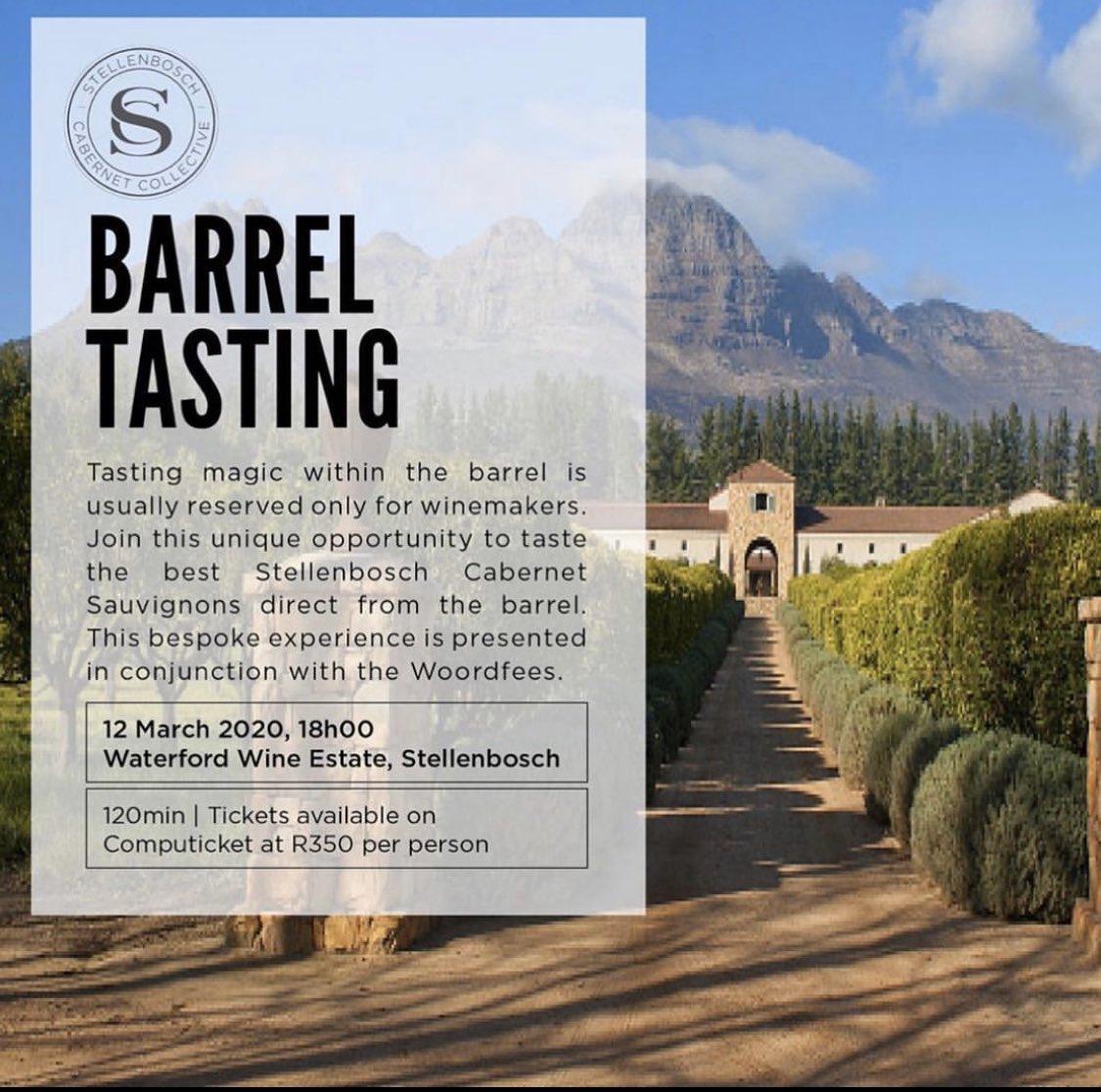 @stellenboschcabernet is proud to bring you an evening of fine wine at the Toyota US Woordfees Barrel Tasting hosted by Waterford Estate: woordfees.computicket.com/event/cabernet…
