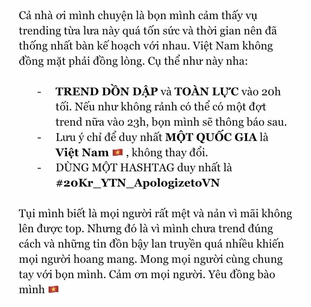 Làm theo bên dưới, đọc kĩ nha
#20Kr_YTN_ApologizetoVN 
Nhớ đổi vùng và tag hắn <a href="/YTN24/">YTN</a> cho vừa mặt nhau nè