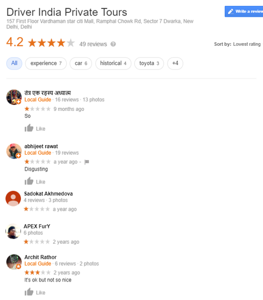 DriverIndiaTour's tweet photo. @GoogleSmallBiz 
We have flagged these irrelevant reviews multiple times and contacted your support center for these reviews. This is really important for @GoogleIndia to focus on fake reviews to make this platform more genuine. https://t.co/WshWaqm9aX