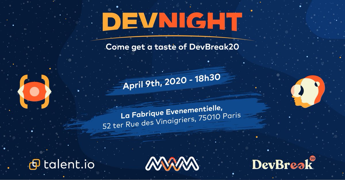 DevBreak21's tweet image. Hey folks! Free tickets to DevNight are waiting for you 🎫: bit.ly/2Sq4GSb

Come get a first taste of #DevBreak with a tech talk 👨‍💻 by 
@MWMcompany as well as a DJ set 🎧 performed by
@DJSTRESH

See you there on April 9th at La Fabrique Événementielle, beers are on us 🍻