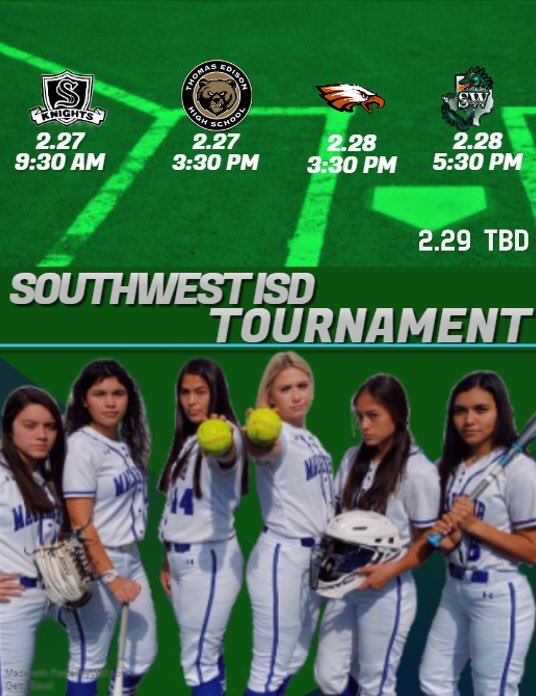 Macsoftball2015's tweet photo. Our Seniors are looking to 4 Peat at their last SWISD Tournament! Watch them take on the challenge! #TitleTakeover #2020Vision

📍 Southwest High School 
📱  https://t.co/EPyMAkVcFI https://t.co/4BTe1Ygy0J