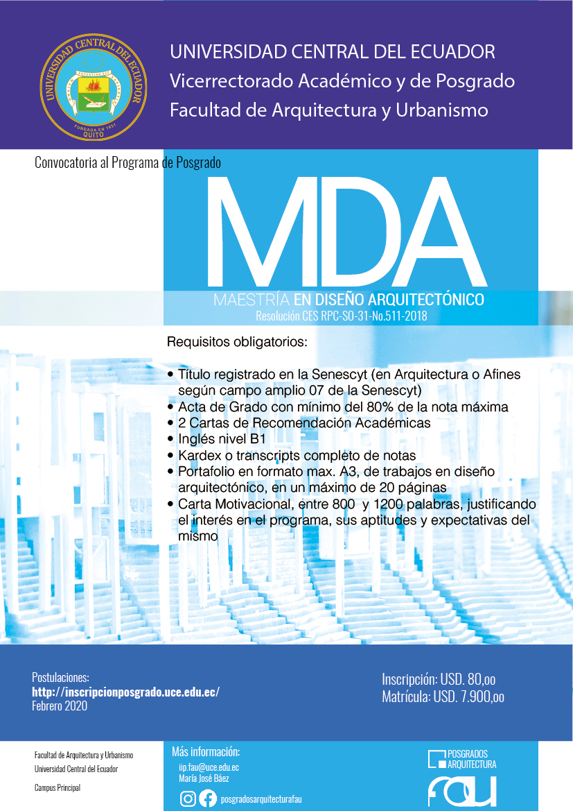 lacentralec's tweet photo. #INSCRIPCIONES @Posgrados_UCE 
#Maestría en Diseño Arquitectónico
Más información »» https://t.co/qT2nm0jIOH https://t.co/tII4Q2jiYU