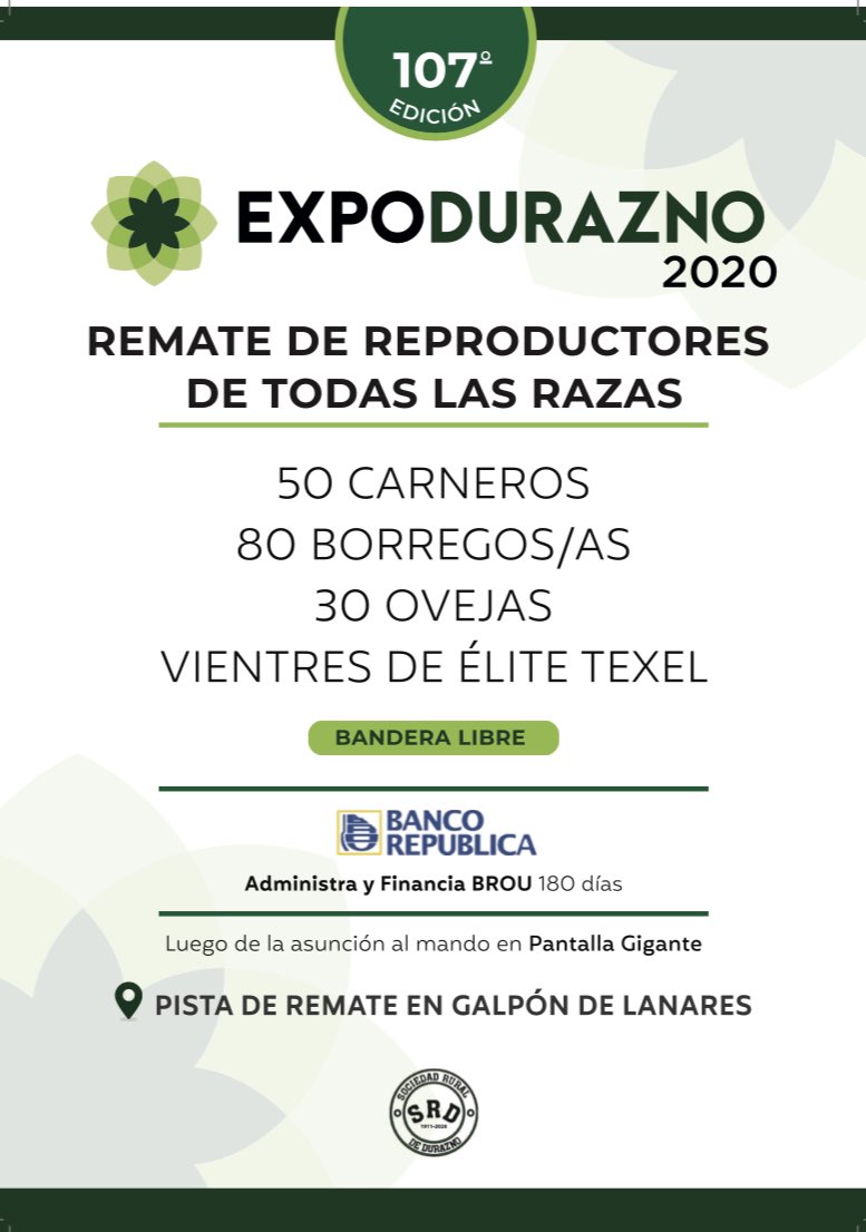 Remate de Reproductores de todas las razas. 
Bandera libre
🗓Domingo 1 de marzo 
⏰ 16.00
📌 Galpón de lanares #ExpoDurazno 
Administra y  Financia BROU - 180 días de plazo.