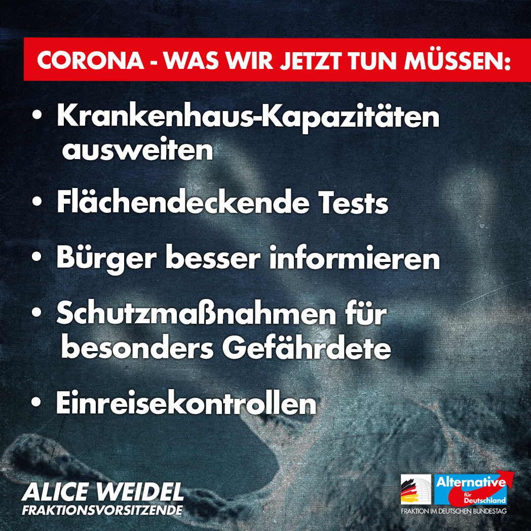 Alice_Weidel's tweet photo. Die Beschwichtigungsphrasen, mit denen die Regierung angesichts der Ausbreitung des #COVIDー19 -Virus in 🇩🇪 die Bürger in Sicherheit wiegen will, sind unangebracht und fahrlässig. Wir brauchen jetzt aktive Krisenprävention statt rhetorischer Beruhigungspillen! #Corona #AfD https://t.co/L5PETvXCZG