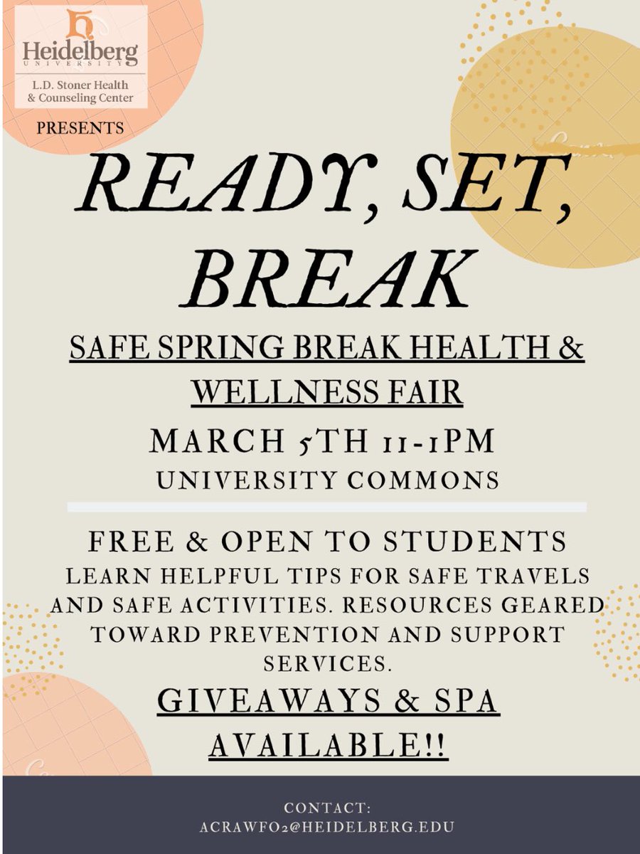 ONE WEEK AWAY FROM READY, SET, BREAK!!!! Come visit us in the university commons from 11-1 on the 5th and treat yourself to a FREE spa (massage and nails)!
