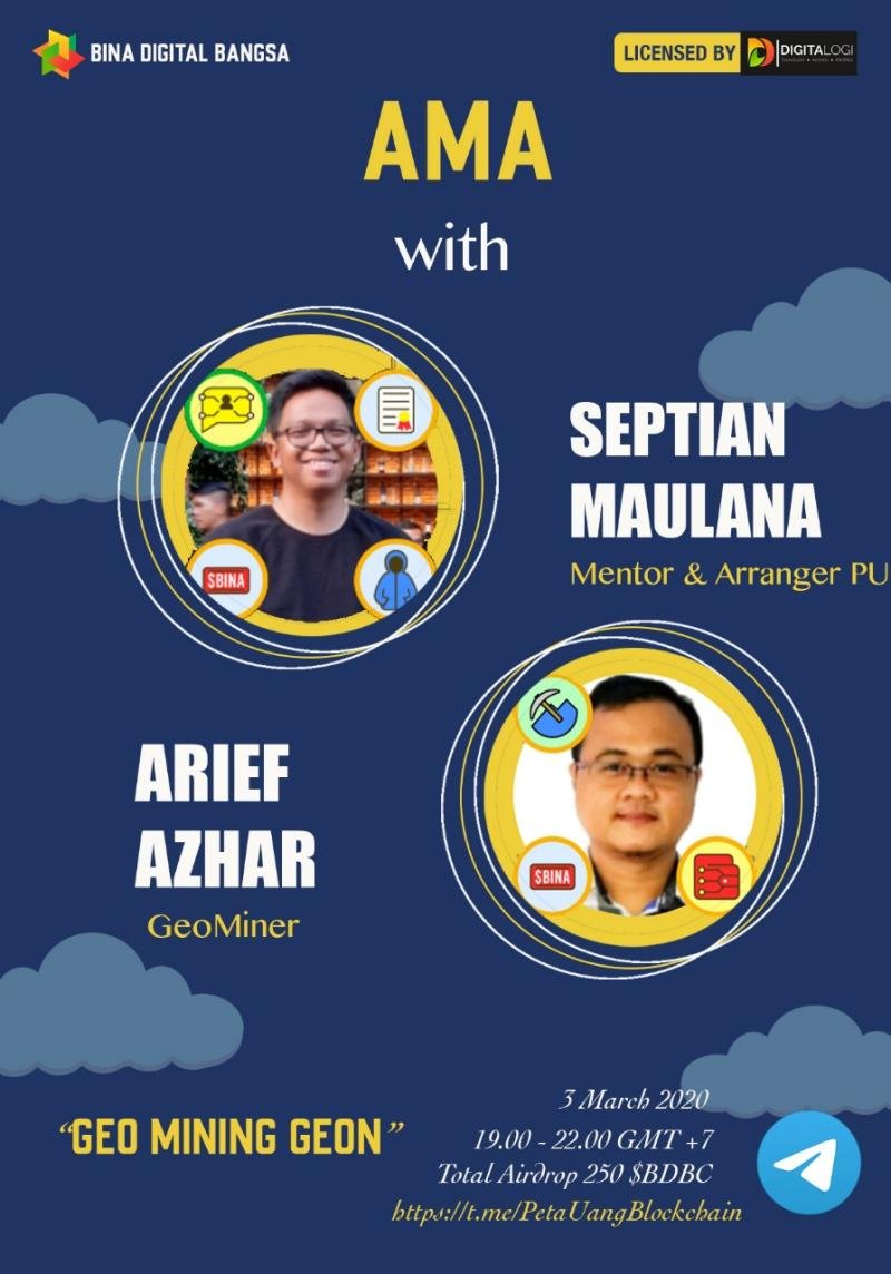 dandhika1's tweet photo. #GEOMINING &amp; #GEON topik #AMA Sesi 4 akan dibahas oleh duo #MINERS Septian @tianbuyung dan Arief @ariefaz pada 03/03/2020 pkl.19.00 wib. Acara diinisiasi #BinaDigitalBangsa dgn lisensi dari #Digitalogi dalam tema #PetaUangBlockchain. Jangan sampai terlewatkan. https://t.co/R86ugnV6UE