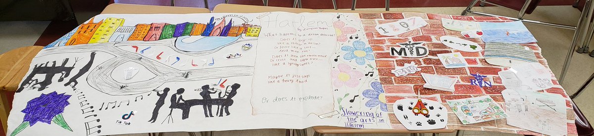 MrsAppelmann's tweet photo. "What happens to a dream deferred?"
"...does it explode?"
Juniors history students created murals of the Hughes poem "Harlem" as part of their study of the 1920s. They added symbolic representations of their own dreams, too. ##UFRSDproud #AHSnextlevel #BlackHistoryMonth https://t.co/57vBTWlCVw