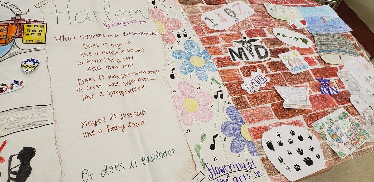 MrsAppelmann's tweet photo. "What happens to a dream deferred?"
"...does it explode?"
Juniors history students created murals of the Hughes poem "Harlem" as part of their study of the 1920s. They added symbolic representations of their own dreams, too. ##UFRSDproud #AHSnextlevel #BlackHistoryMonth https://t.co/57vBTWlCVw