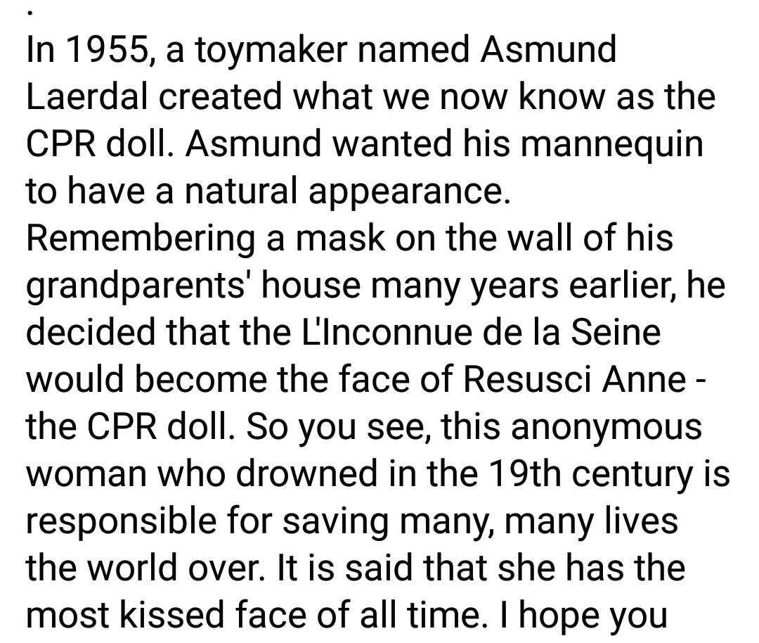 bsea_cfrs001's tweet photo. Think we've all seen this face before! What an amazing story and to know that her face has helped to saved so many lives..... #DeathMask #CPR #CPRDoll #resuciannie #anonymous #Brightlingsea #essex https://t.co/4dSBj9sNgq