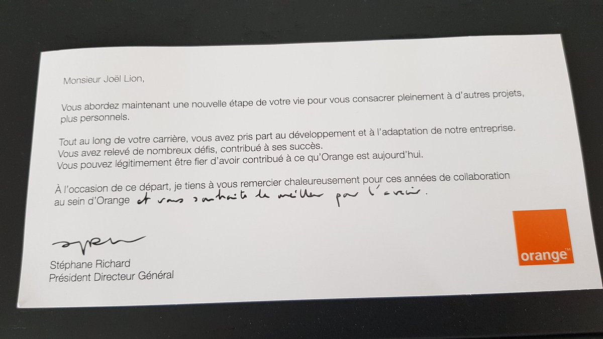 Au cours des 43 dernières années, j'ai connu de nombreuses transformations de l'entreprise, aujourd'hui Orange.
Les ressources humaines sont passées aux relations humaines. 
Ce message du Président Directeur Général le prouve. 
Merci <a href="/srichard/">Stéphane Richard</a> pour cette attention.