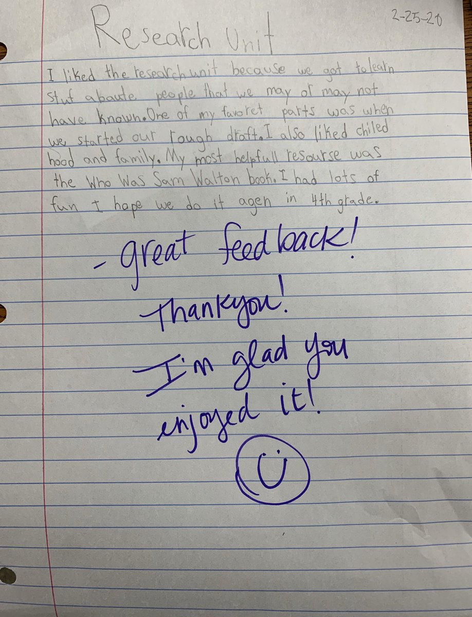 MrsBarron3rd's tweet photo. REAL Talk! I asked my students to give me feedback about the research unit that we are finishing this week. I love how one student felt proud of her work and the other told me which resource was very helpful! #visiblelearner @CWE_Cougars https://t.co/ghG1zsEBUy