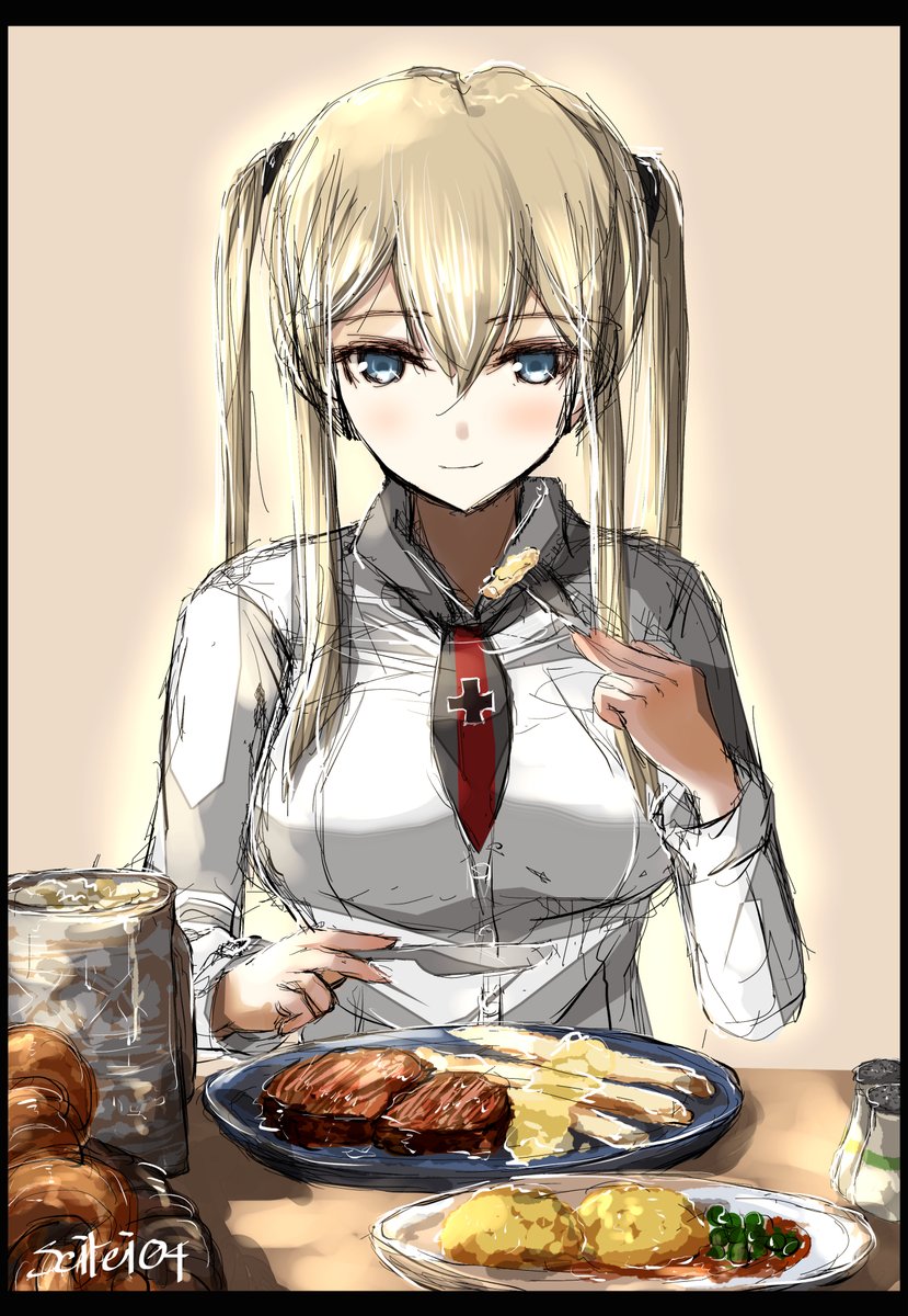 graf zeppelin (kancolle) 1girl solo blonde hair food twintails necktie plate  illustration images