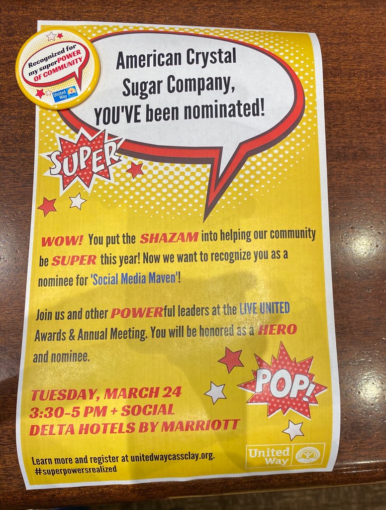 CrystalSugarCo's tweet photo. Earlier this month, we were nominated by @UnitedWayFargo for “Social Media Maven”. The winner will be announced at the Live United Awards & Annual Meeting on March 24th. Looking forward to the big event! #CrystalStrong #CrystalSugarCo https://t.co/7de3KYWL4I