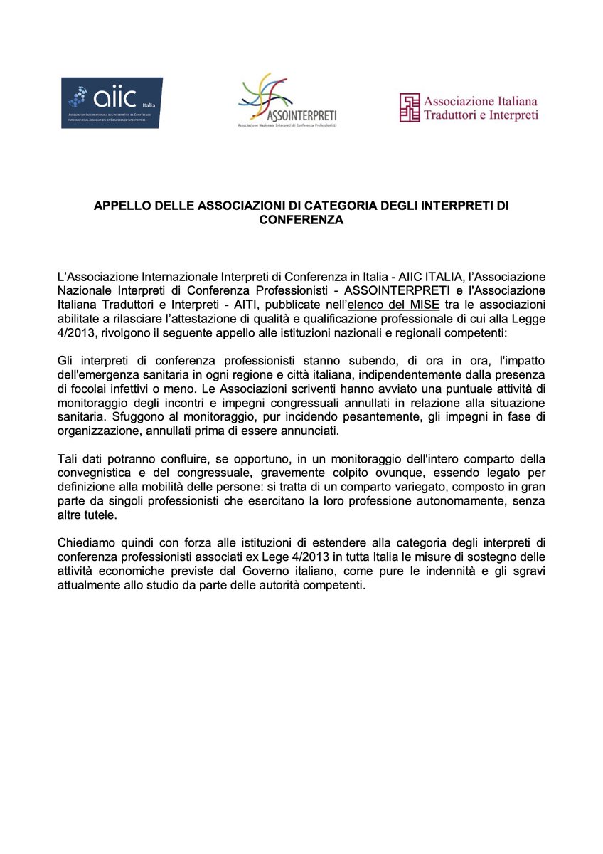 interpretiaiic's tweet image. Anche gli #interpreti #professionisti stanno subendo l'impatto dell'emergenza #coronavirus in #Italia. Pertanto, @interpretiaiic @Assointerpreti @AitiTweet hanno unito le forze e lanciato un appello alle #istituzioni nazionali e regionali
@CoLAP_Nazionale
#1nt #Solidarity