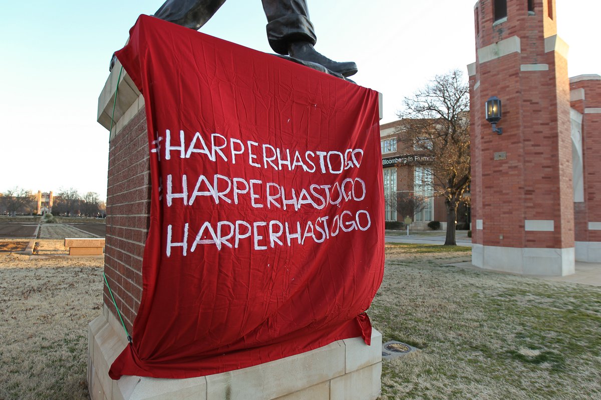 OUDaily's tweet photo. UPDATE: A banner hung on the Seed Sower statue calls for the resignation of Provost Kyle Harper, one of the demands of the OU Black Emergency Response Team's sit-in:
https://t.co/zq6bfCKobL https://t.co/nFROlU0fMN