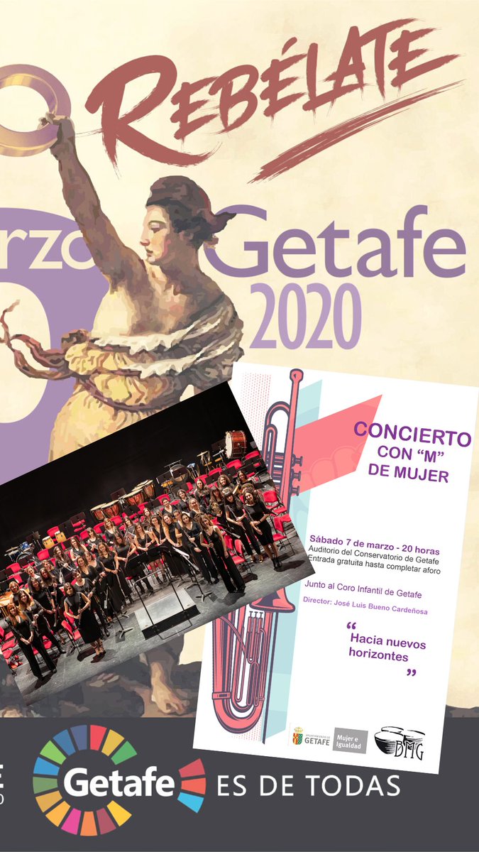 Descárgate el programa de actividades con motivo del 8 de marzo en #Getafe 👉 bandamusicagetafe.es

CONCIERTO CON M DE MUJER
🗓️ Sábado 7 marzo 🕗 20h
🏛️ Conservatorio - Entrada libre

 📌Agéndate prográmate y comparte
#HaciaNuevosHorizontes #TúhacesBanda #BMG #Música #Rebélate