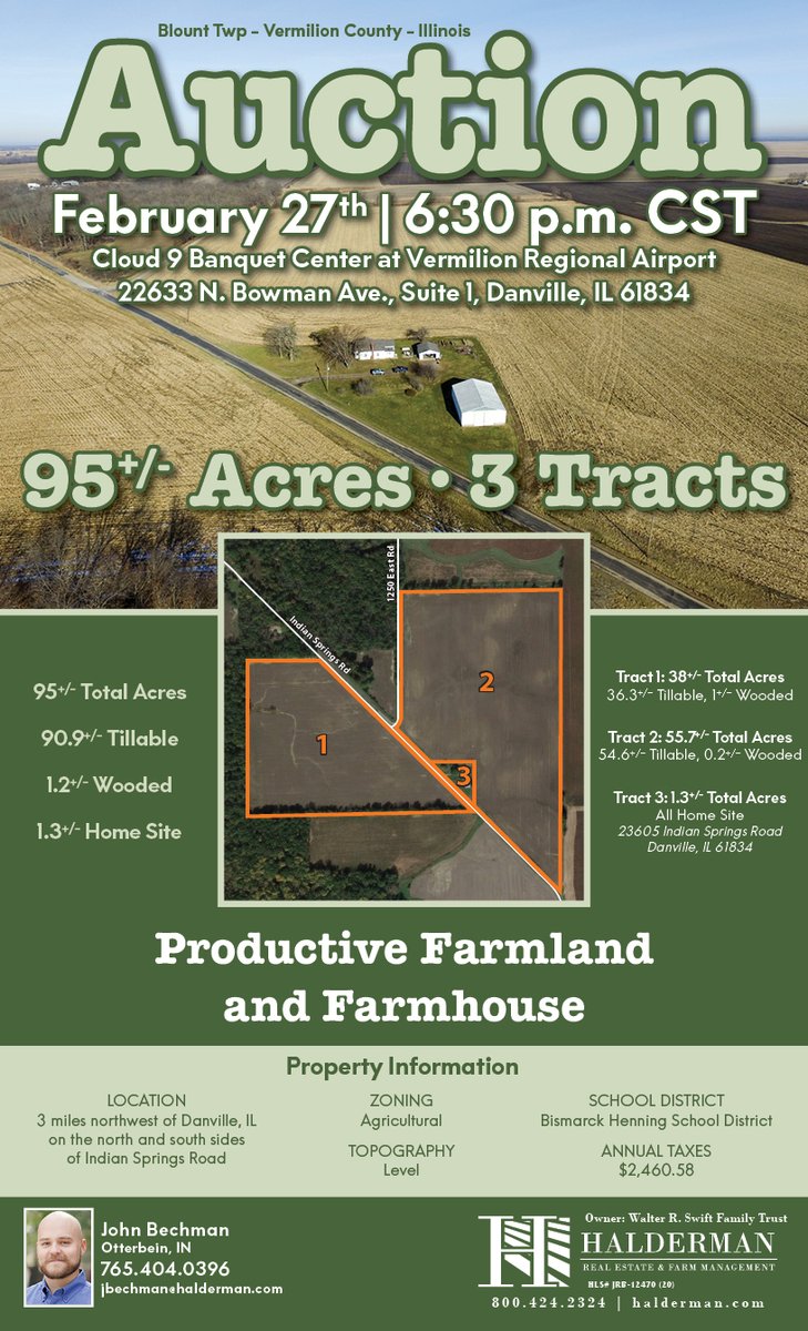 hfmshres's tweet photo. Tonight's auction features 95 acres of productive farmland and farmhouse in Vermilion Co. IL. Auction starts at 6:30 PM CST! Join us in Danville, IL or bid online! Details:  https://t.co/yBhv2L1rH0 #haldermancanhelp #land #auctionswork #realestate #farmer #agricultural #cropland https://t.co/V7Y9O5Ndvp