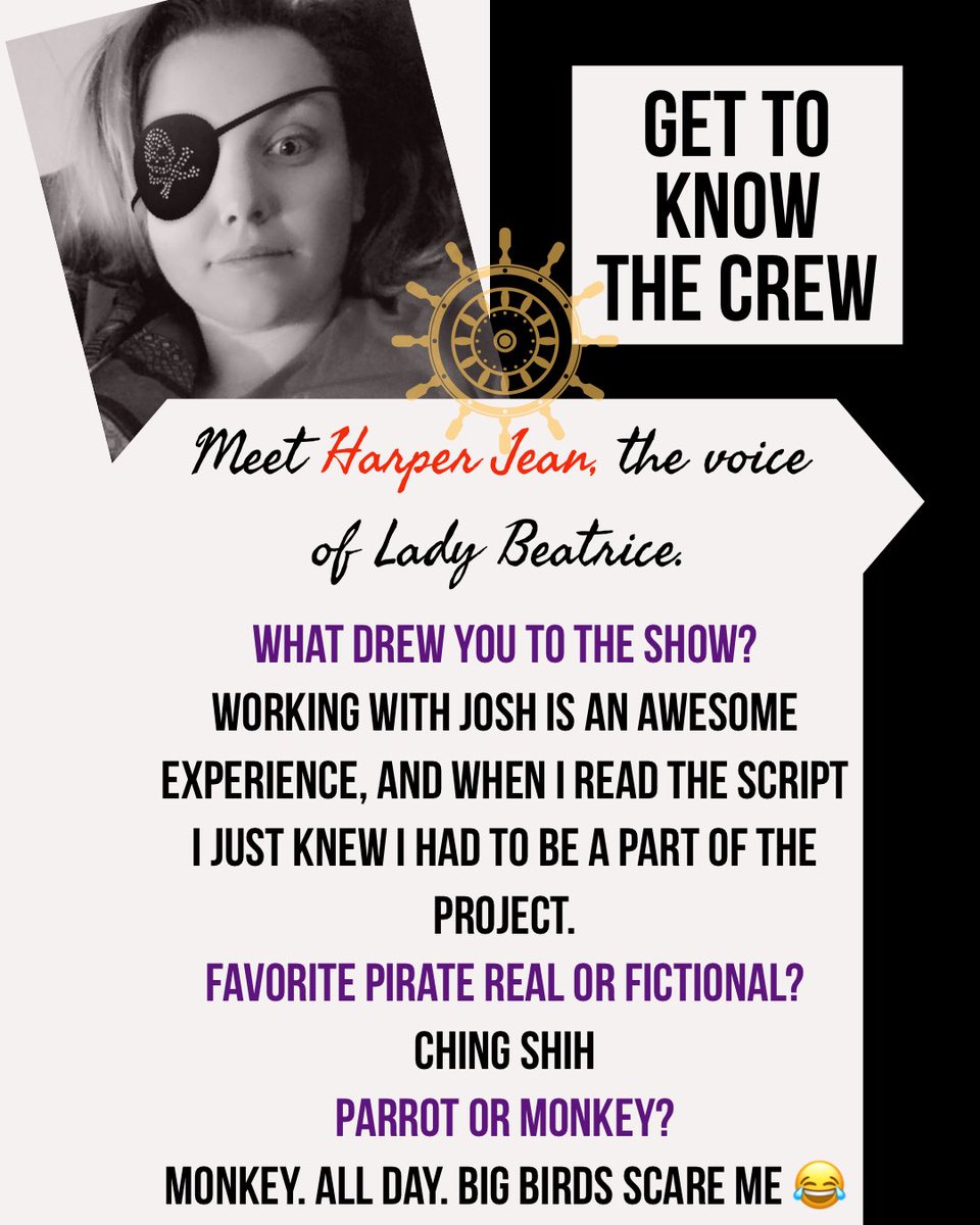 wbpcast's tweet photo. Oi, matey! 

Here at We Be Pirates, we be introducing you to our spectacular VA crew! 

Next up!

Meet @HarperJean3, the voice of Lady Beatrice! 

#webepirates #audiodrama #audiofiction   #pirates #cast #comingsoon #voiceactor #voiceacting #supportindiepodcasts #podernfamily https://t.co/eS8aet3NHu