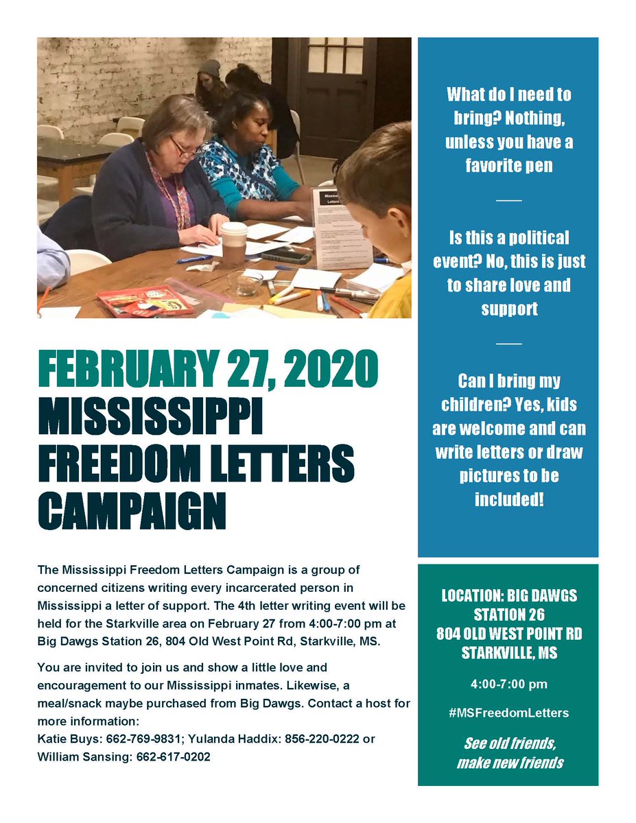 DrBuys's tweet photo. I've been working w/ @asansing23 @SansingPhd_lpc @KCBuys & others on #MSFreedomLetters. Starkvillians have contributed 500+ letters, & we're linking up again tonight to write more. Join us anytime btw 4-7 to write a few letters. More info below. All are welcome- kids included! https://t.co/PpeWeL4LMh