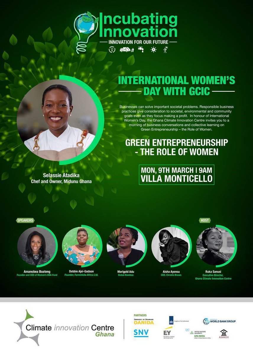 To celebrate #InternationalWomensDay, <a href="/GhaCIC/">Ghana Climate Innovation Centre</a> is hosting a morning of business conversation &amp; collective learning with a group of like-minded female business owners, on the theme Green Entrepreneurship – the Role of Women, as part of #IncubatingInnovation20.