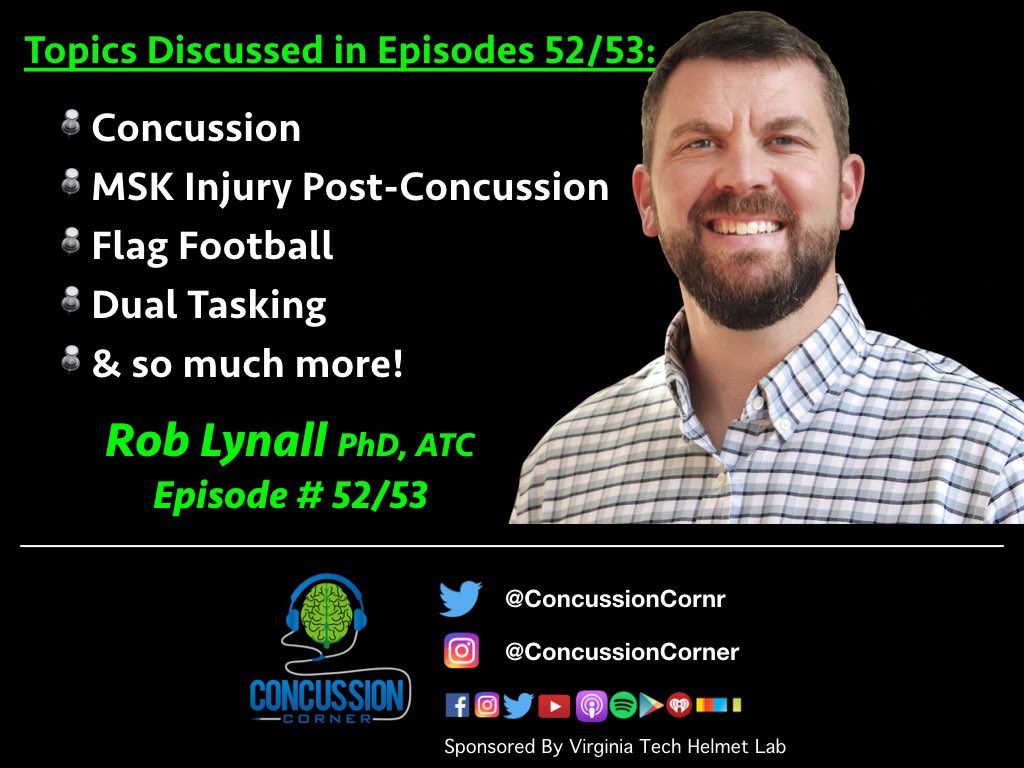 🗣🧠🎙NEW <a href="/ConcussionCornr/">Concussion Corner Academy & Podcast ®</a> Podcast w/ Dr. <a href="/RobLynall/">Rob Lynall</a> 🙌

Join us in part II as we discuss MSK injury within the 1st year of return to play after #concussion, flag football, dual tasking, &amp; so much more

bit.ly/394Vfxj

#FOAMed #TBI #Concussions #AT4All #Physio #injury