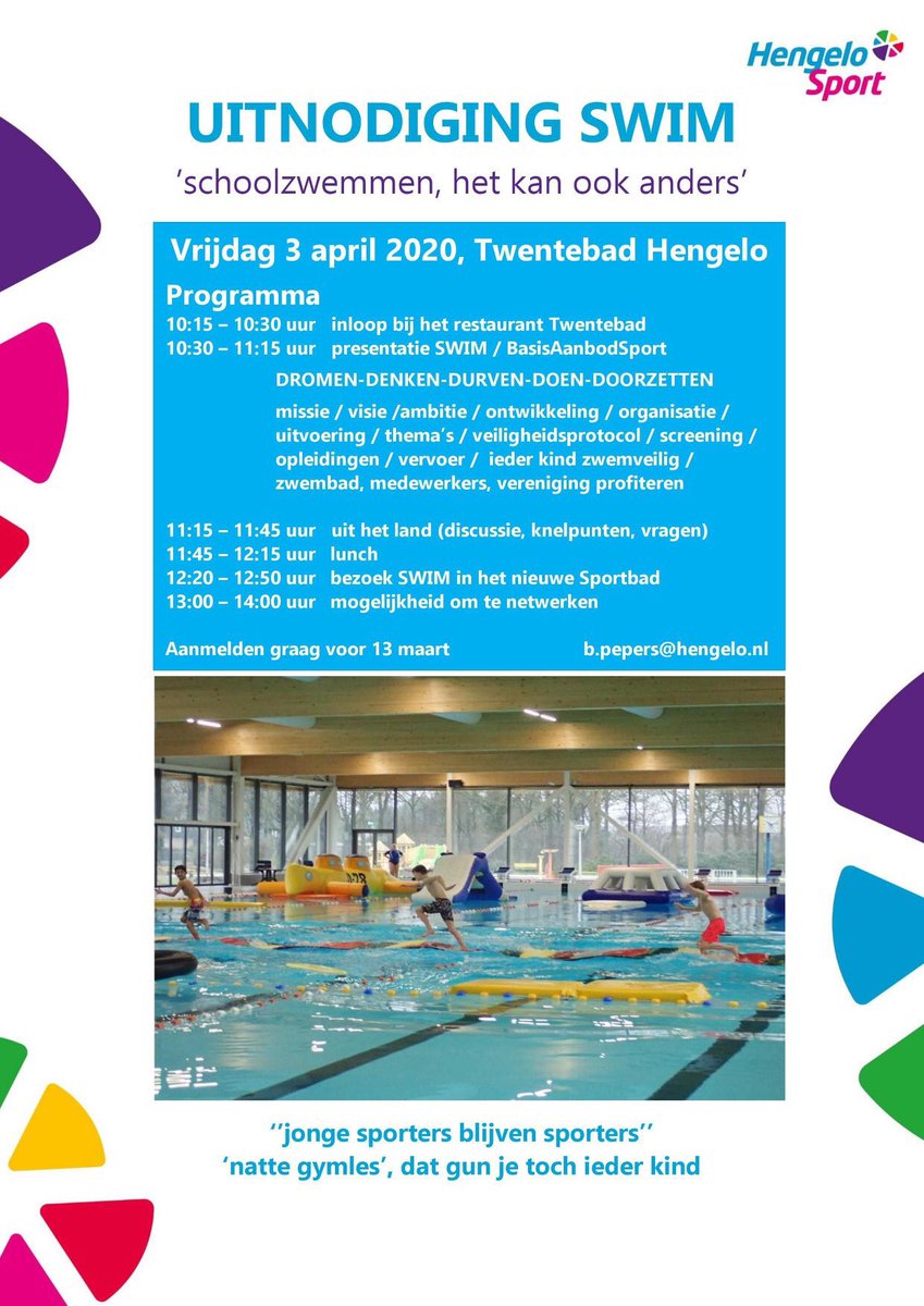HengeloSport's tweet photo. Vrijdag 3 april organiseert Hengelo Sport in het @Twentebad een inspirerende bijeenkomst. 'Schoolzwemmen het kan toch ook anders'.
@gemeentehengelo @nrz_nl @zwembadbranche @TubantiaHengelo https://t.co/88CFptJURT
