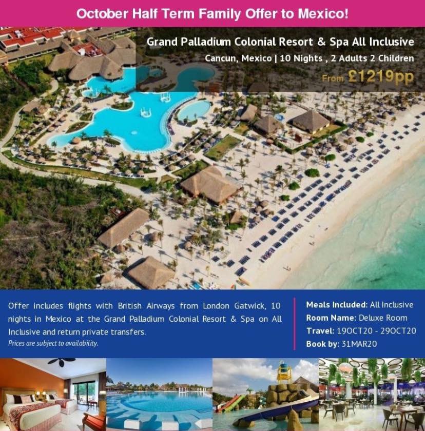 ✈️October Half Term Family Offer to Mexico! Whether you’re looking for a relaxing retreat or an action-packed getaway, the Grand Palladium Colonial Resort & Spa has it all #holidays #mexixcoholiday #familyholiday #travelagent #holidaysforfamilies #allinculsive #traveltime