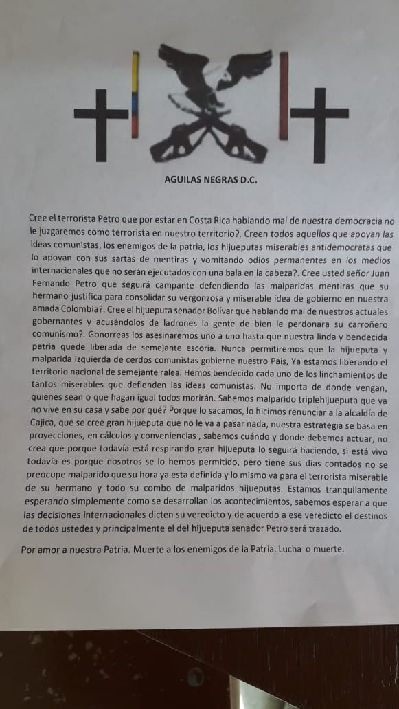 petrogustavo's tweet photo. La amenaza que dejaron después de violentar la casa de la fundación educativa de mi hermano a diez metros de la casa violentada de mi mama hace dos semanas.

Hago responsable a Duque y su movimiento de esta violencia https://t.co/xsu4Q8lyGJ