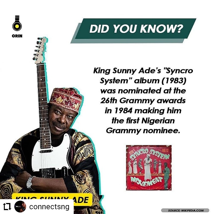 AbiolaAbdul's tweet image. King Sunny Ade got the nominated for #Grammys in 1984 with his 1983 released album #SyncroSystem. Which made him the first Nigerian to be nominated for Grammy. So what's the fuse about? InfoCredit: #Connectsng