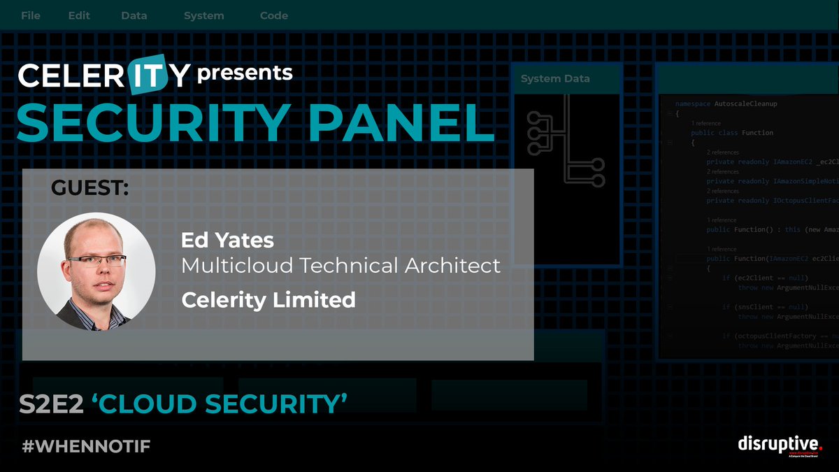 CelerityLimited's tweet photo. We are now live with episode 2 - Cloud Security
Join Ed Yates for a helpful discussion on the security challenges cloud presents.
Watch the show here now: https://t.co/HigjPtRqBv
#whennotif #cybersecurity #securitypanelshow @disruptivelive @comparethecloud https://t.co/2mN4D1cxd4